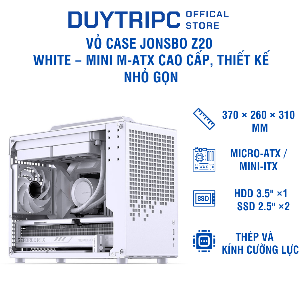 Vỏ Case JONSBO Z20 White – Mini M-ATX cao cấp, thiết kế nhỏ gọn, khung nhôm chắc chắn, tối ưu airflow